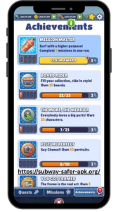 Mobile game achievements screen display