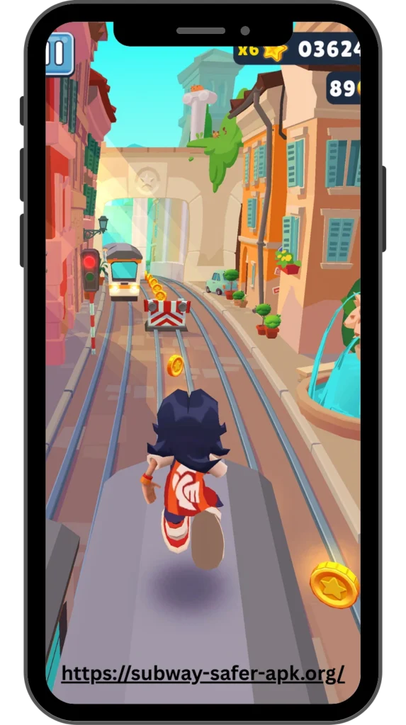 Character running through colorful city